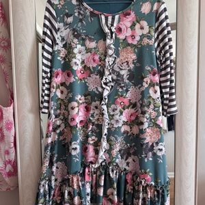 Floral Dress with Striped Sleeves